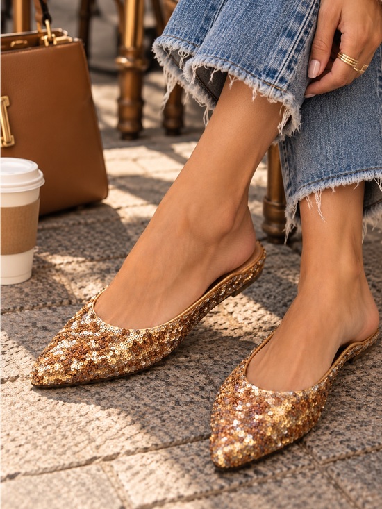 Katy Perry Collections Shoes - Katy Perry Gold Mermaid Sequin Pointed Toe Mule Flats Slip On Sparkle Glam Shoes